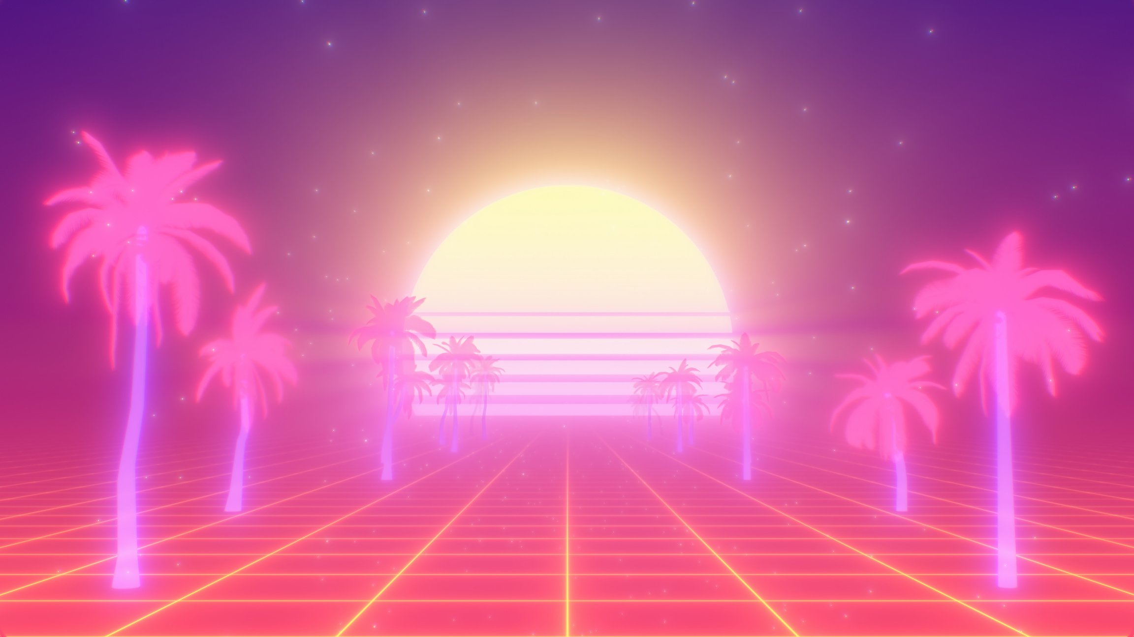 Pink Synthwave Palm Tree Path and Retro 80s Sun on Neon Grid - Abstract Background Texture