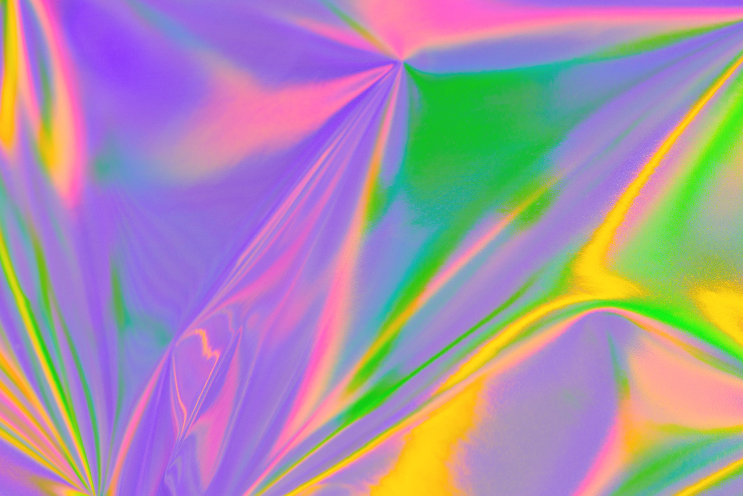 Abstract neon holographic metallic foil background in 80s, 90s style